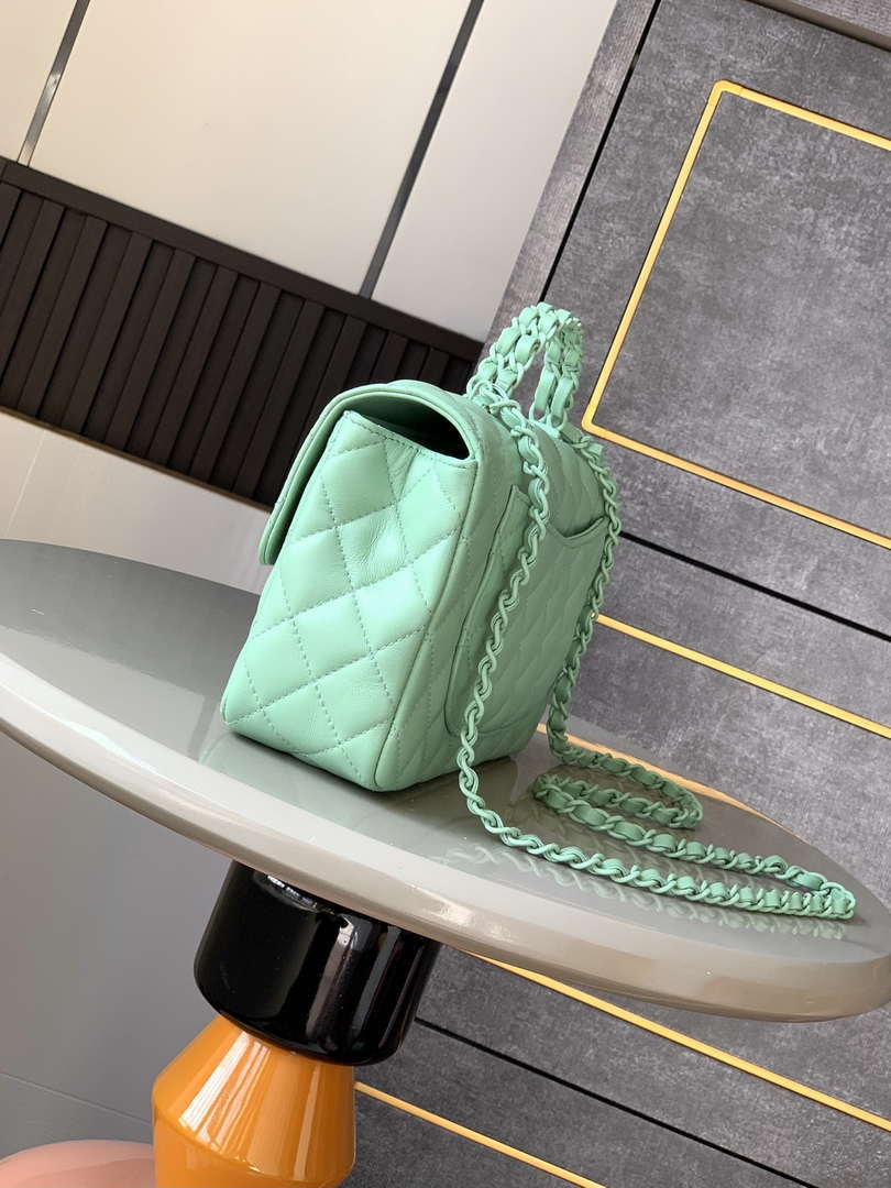 Chanel AS5244 Flap Bag with Top Handle Lambskin & Lacquered Metal Light Green
