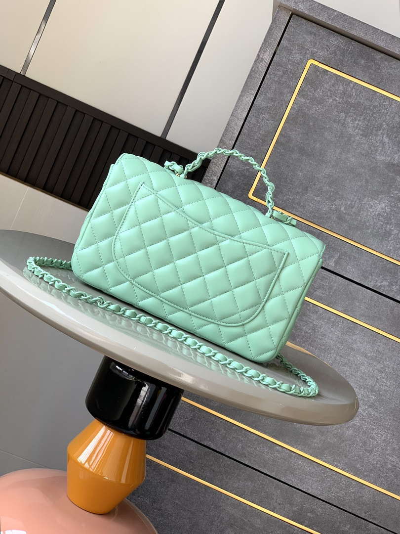 Chanel AS5244 Flap Bag with Top Handle Lambskin & Lacquered Metal Light Green
