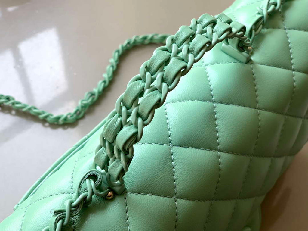 Chanel AS5244 Flap Bag with Top Handle Lambskin & Lacquered Metal Light Green