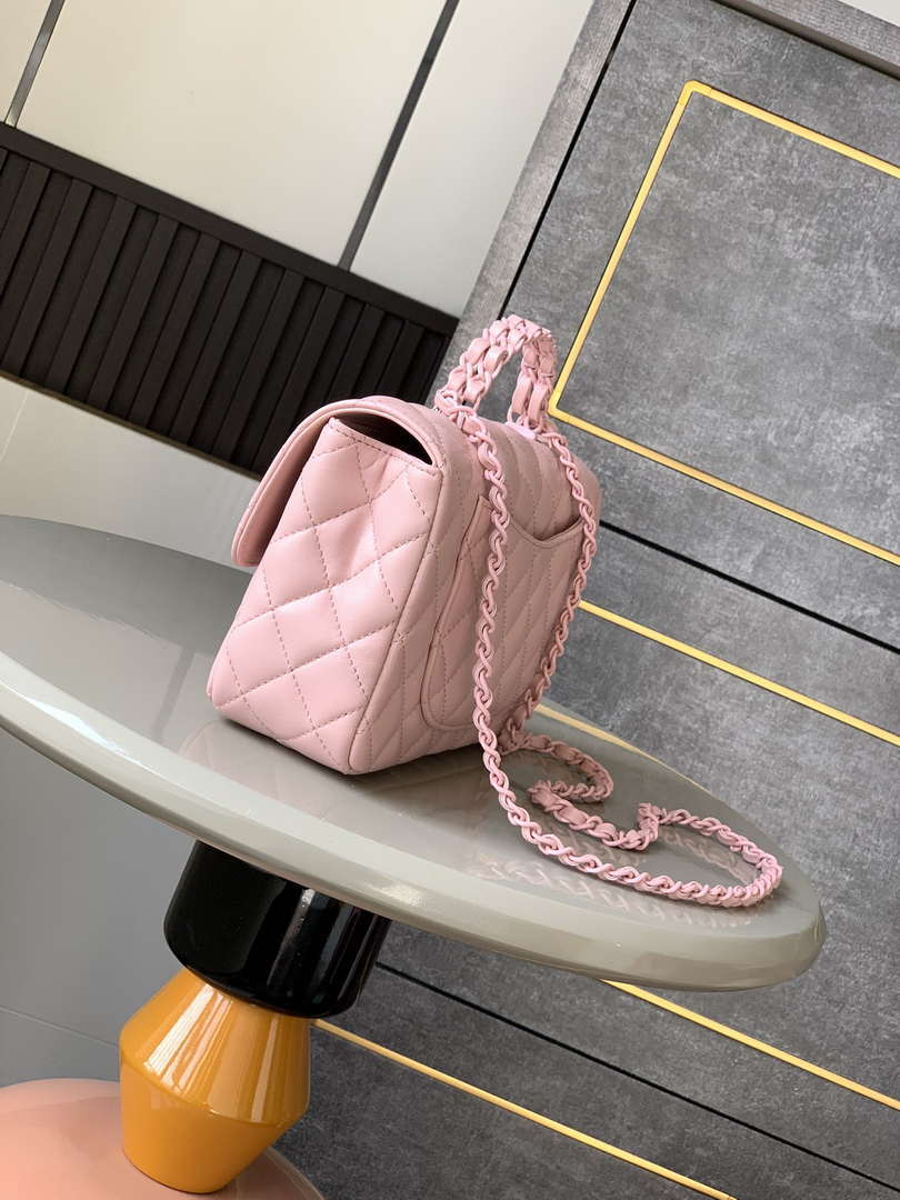 Chanel AS5244 Flap Bag with Top Handle Lambskin & Lacquered Metal Light Pink