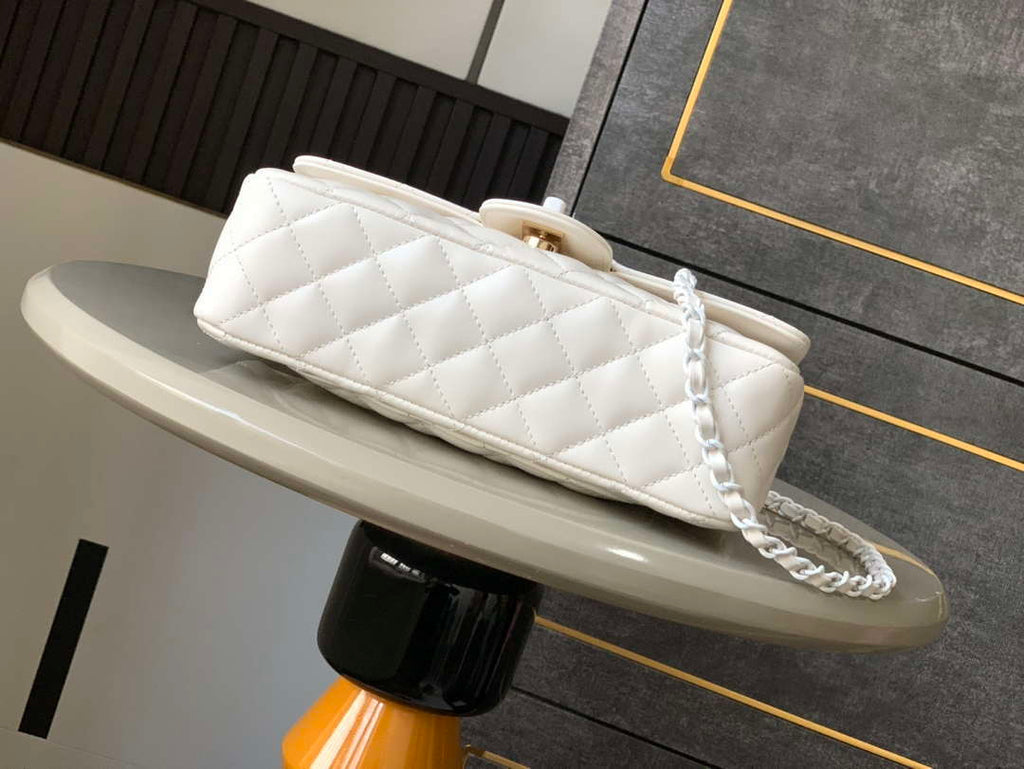Chanel AS5244 Flap Bag with Top Handle Lambskin & Lacquered Metal White