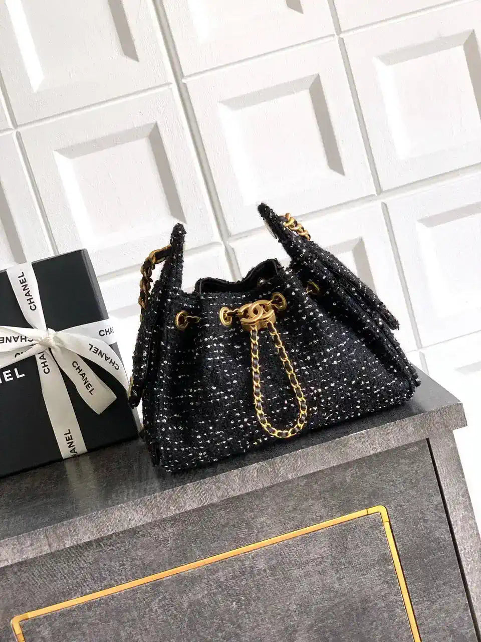 Chanel AS5631 Mini Hobo Tweed & Gold-Tone Metal Black