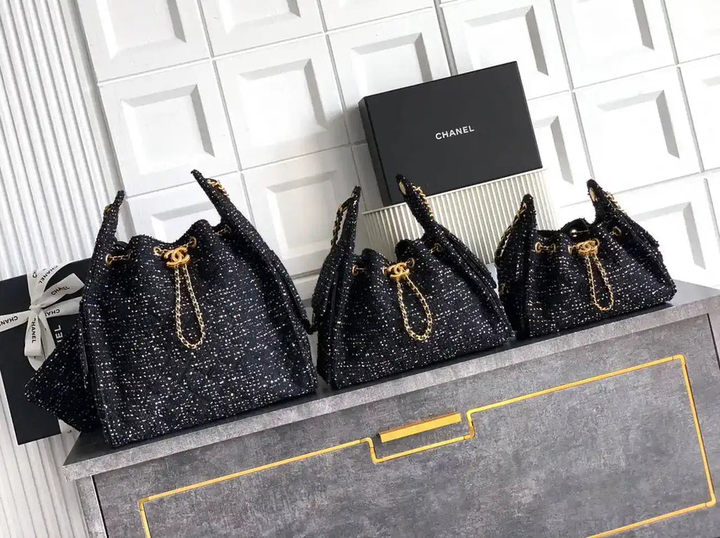 Chanel AS5631 Mini Hobo Tweed & Gold-Tone Metal Black