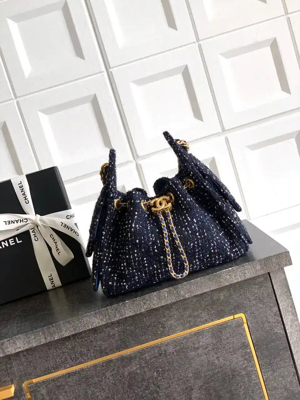 Chanel AS5631 Mini Hobo Tweed & Gold-Tone Metal dark Blue