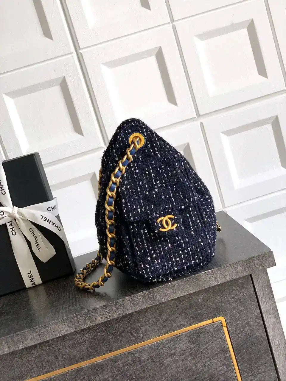 Chanel AS5631 Mini Hobo Tweed & Gold-Tone Metal dark Blue