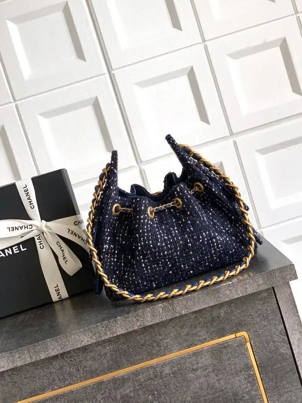 Chanel AS5631 Mini Hobo Tweed & Gold-Tone Metal dark Blue