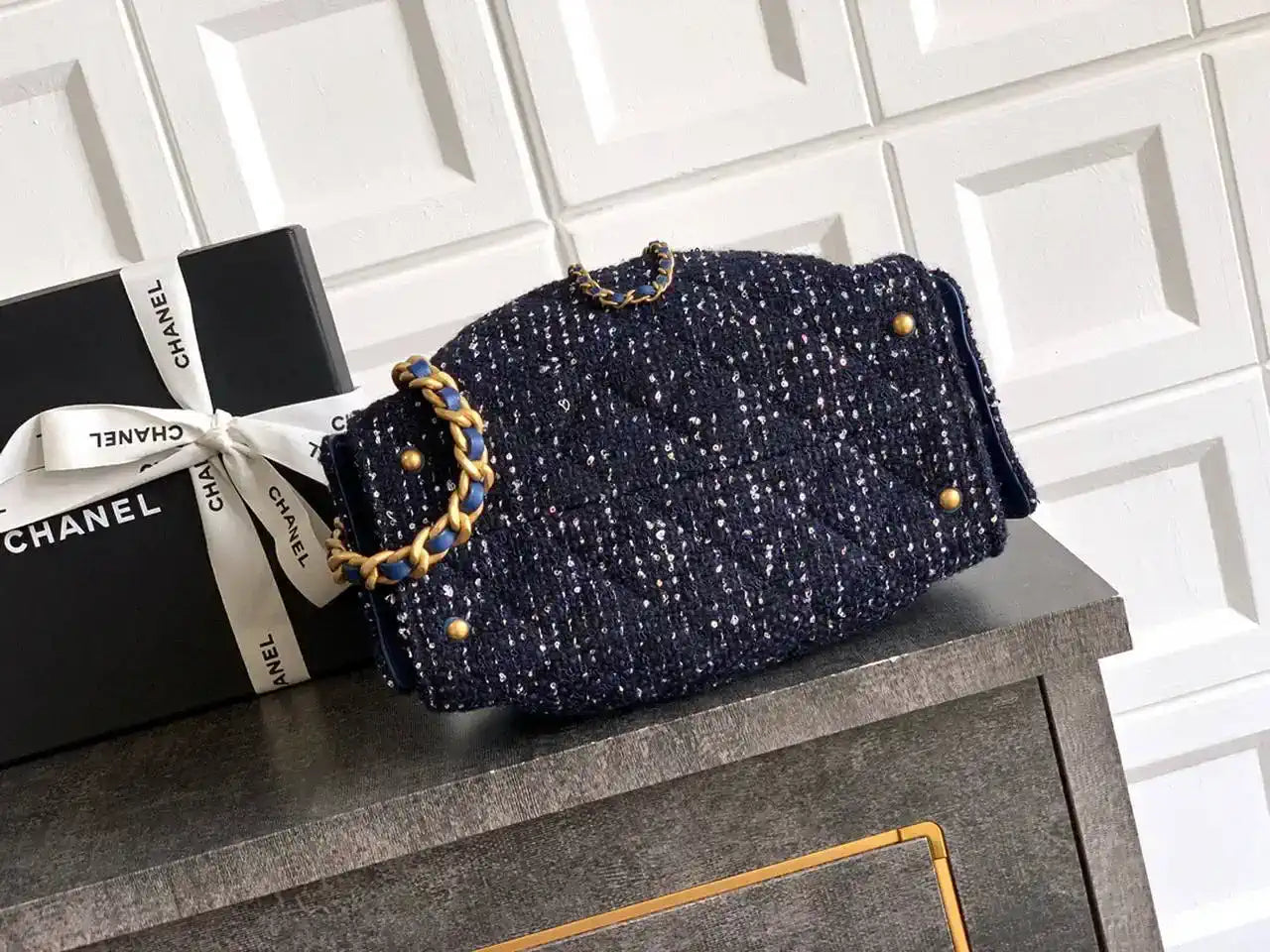 Chanel AS5631 Mini Hobo Tweed & Gold-Tone Metal dark Blue
