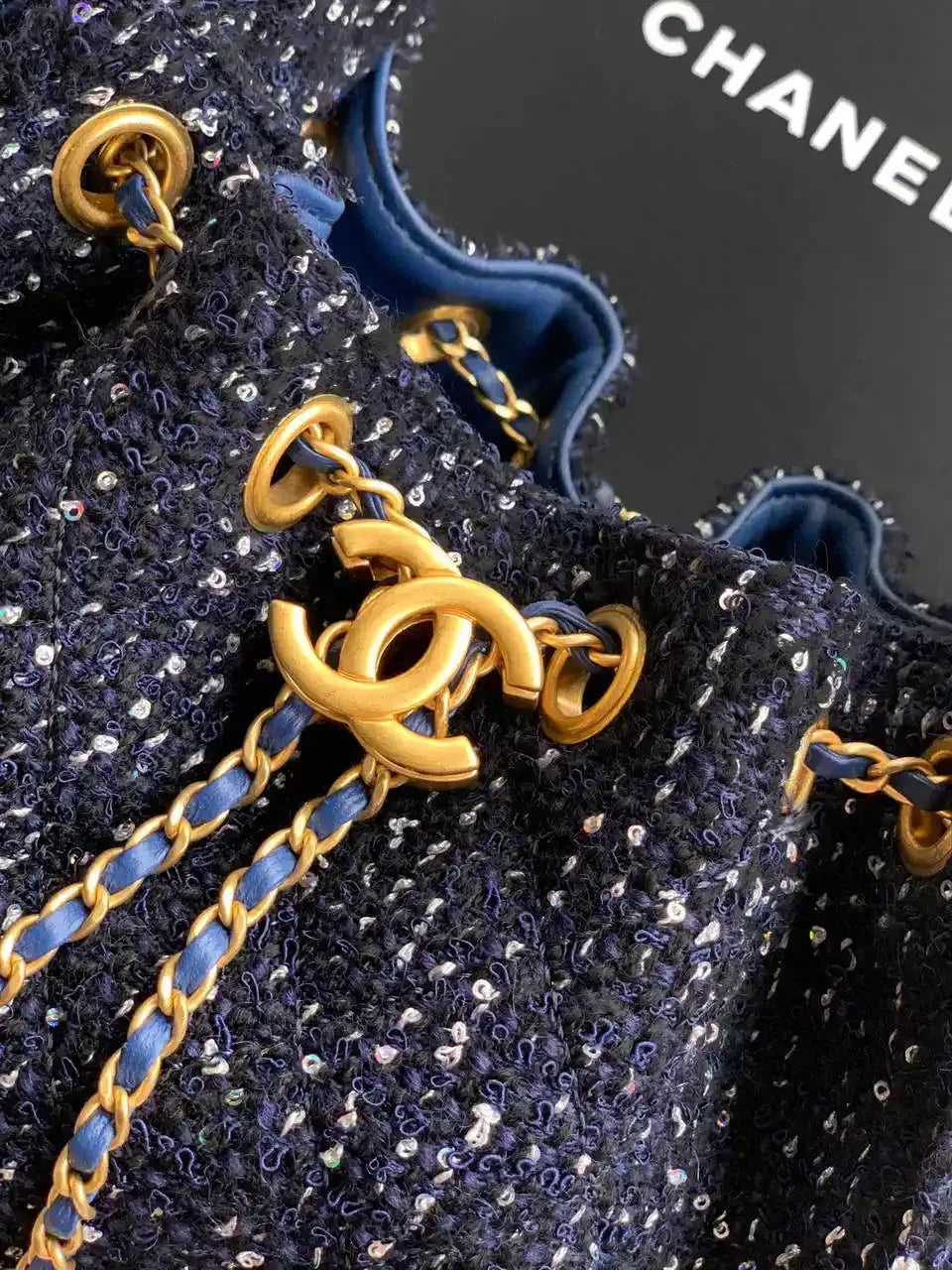 Chanel AS5631 Mini Hobo Tweed & Gold-Tone Metal dark Blue