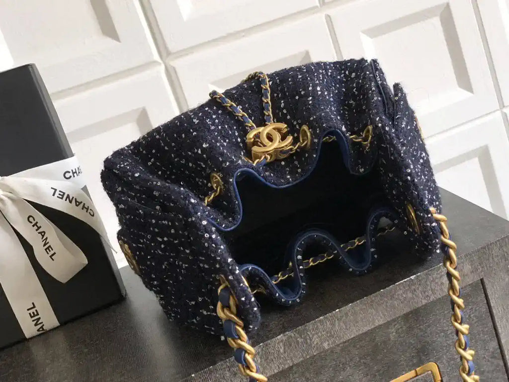 Chanel AS5631 Mini Hobo Tweed & Gold-Tone Metal dark Blue