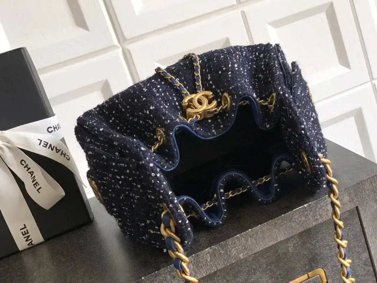 Chanel AS5631 Mini Hobo Tweed & Gold-Tone Metal dark Blue