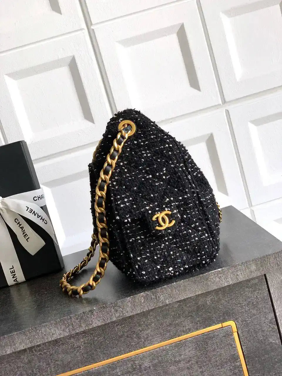 Chanel AS5631 Mini Hobo Tweed & Gold-Tone Metal Black