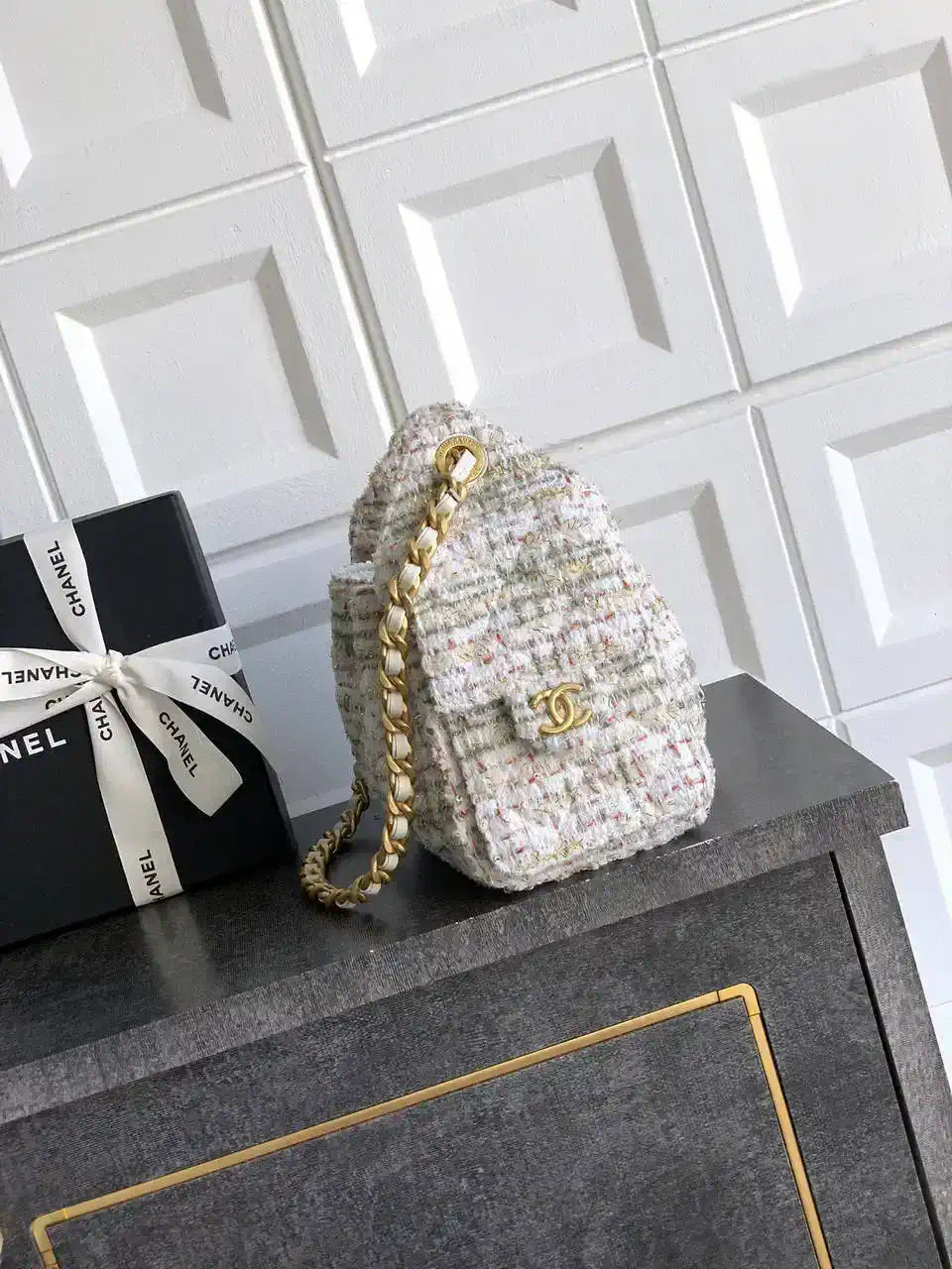 Chanel AS5631 Mini Hobo Tweed & Gold-Tone Metal Beige