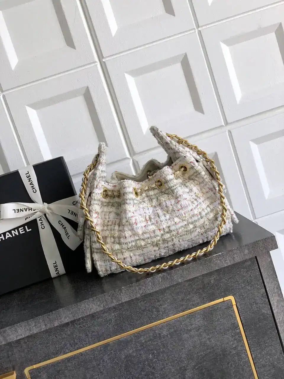 Chanel AS5631 Mini Hobo Tweed & Gold-Tone Metal Beige