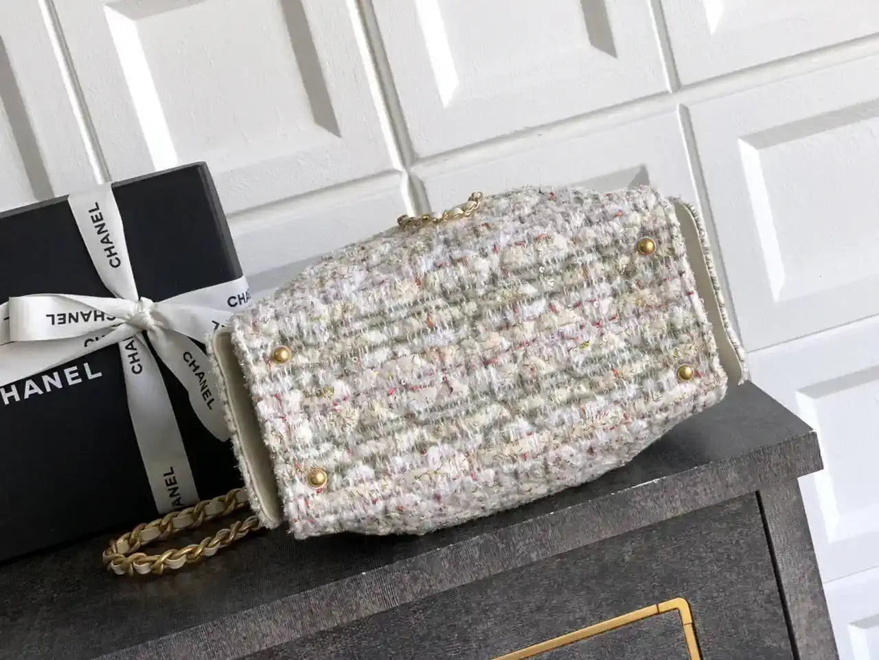 Chanel AS5631 Mini Hobo Tweed & Gold-Tone Metal Beige