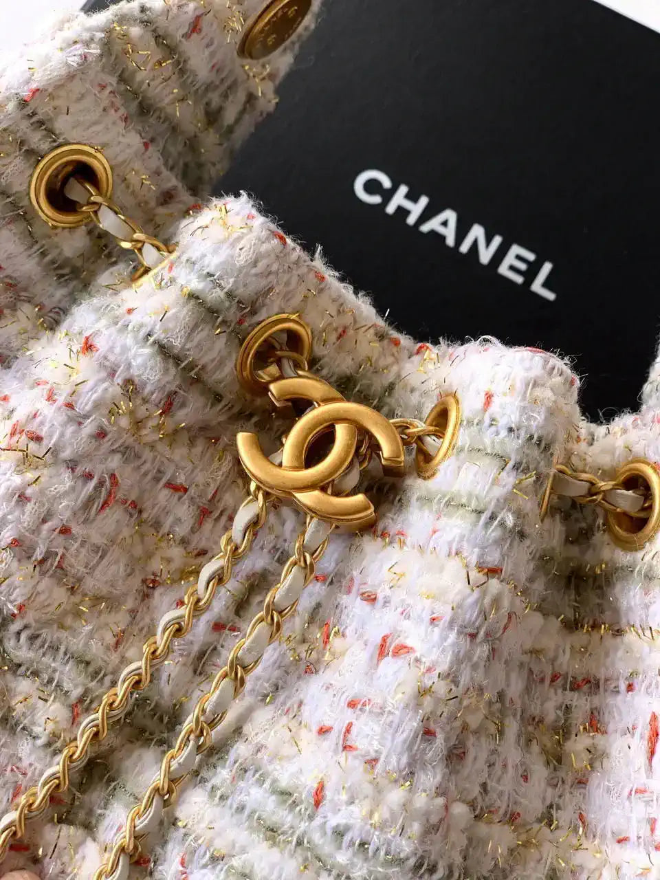 Chanel AS5631 Mini Hobo Tweed & Gold-Tone Metal Beige