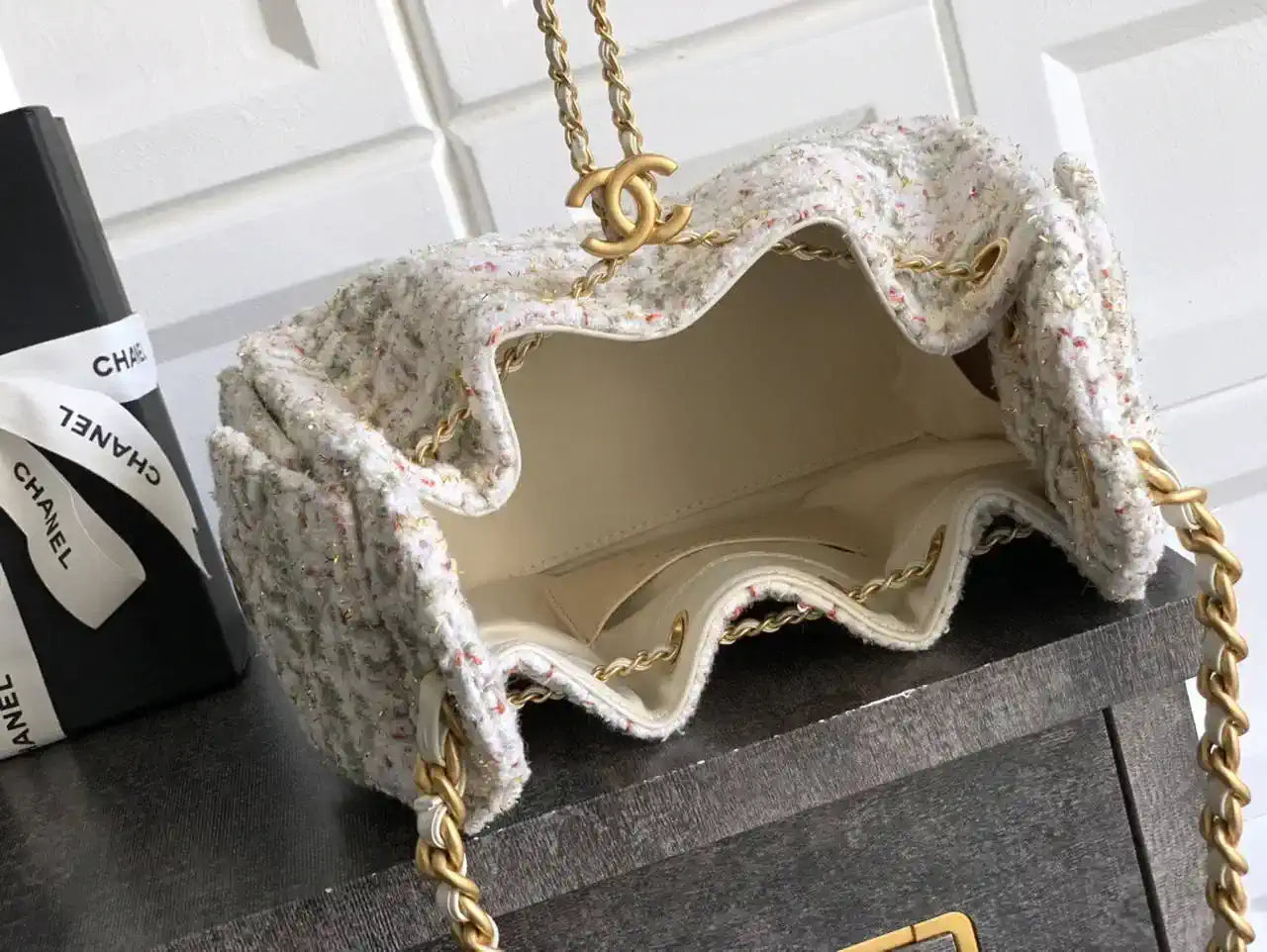 Chanel AS5631 Mini Hobo Tweed & Gold-Tone Metal Beige