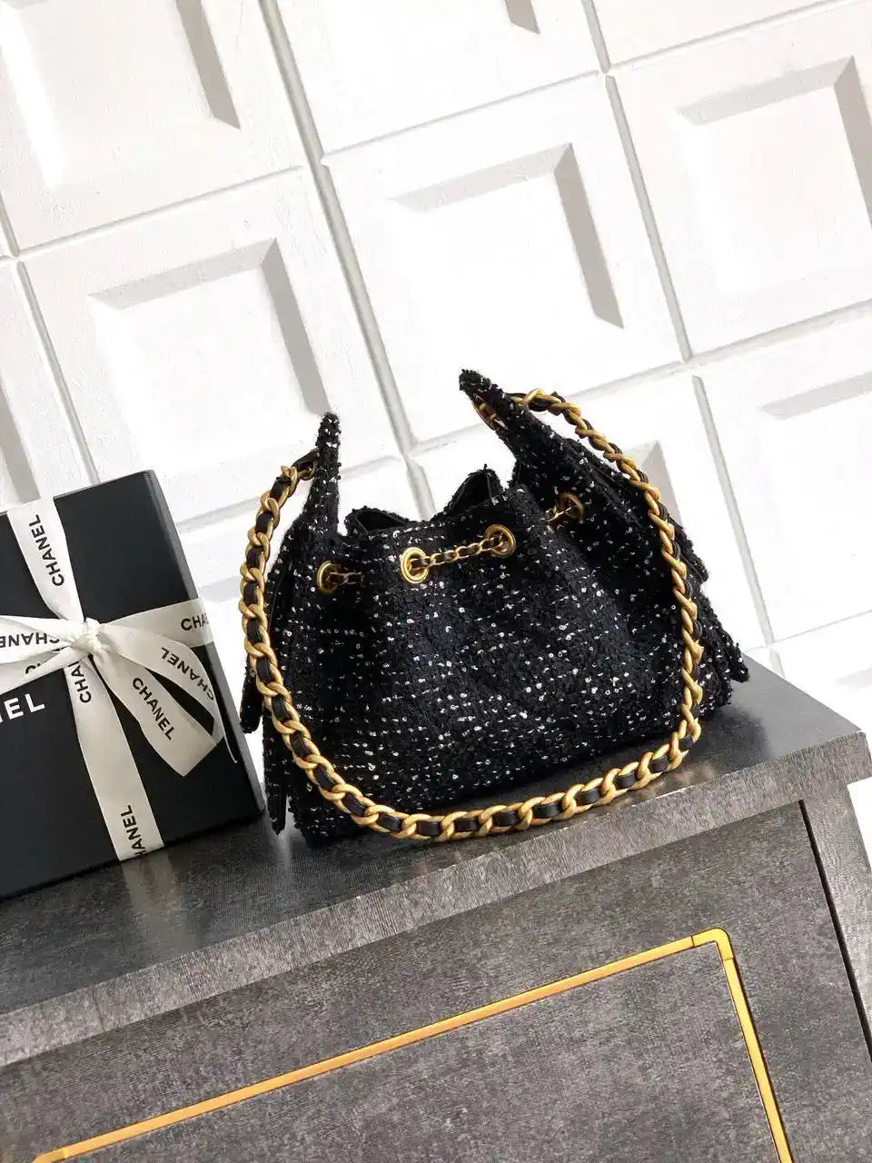 Chanel AS5631 Mini Hobo Tweed & Gold-Tone Metal Black