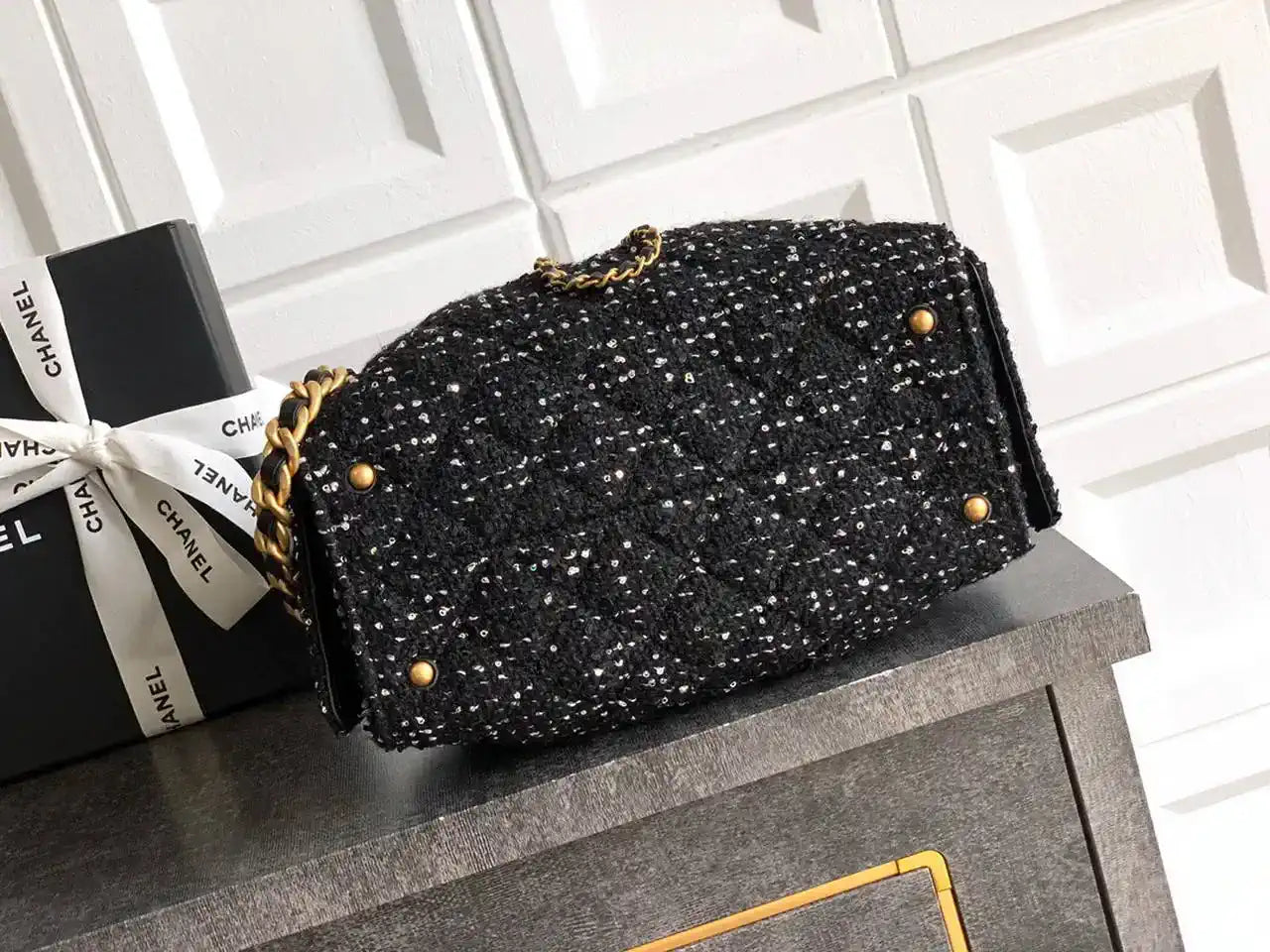 Chanel AS5631 Mini Hobo Tweed & Gold-Tone Metal Black