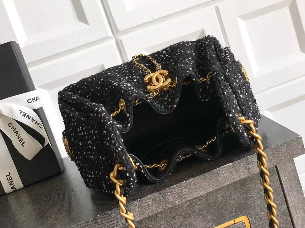 Chanel AS5631 Mini Hobo Tweed & Gold-Tone Metal Black