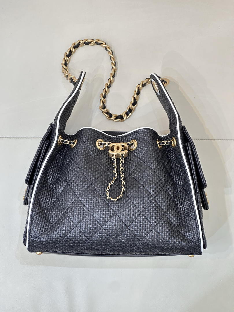 Chanel AS5293 Small Hobo Bag Braided Raffia Calfskin & Gold-Tone Black - Default Title - View 1