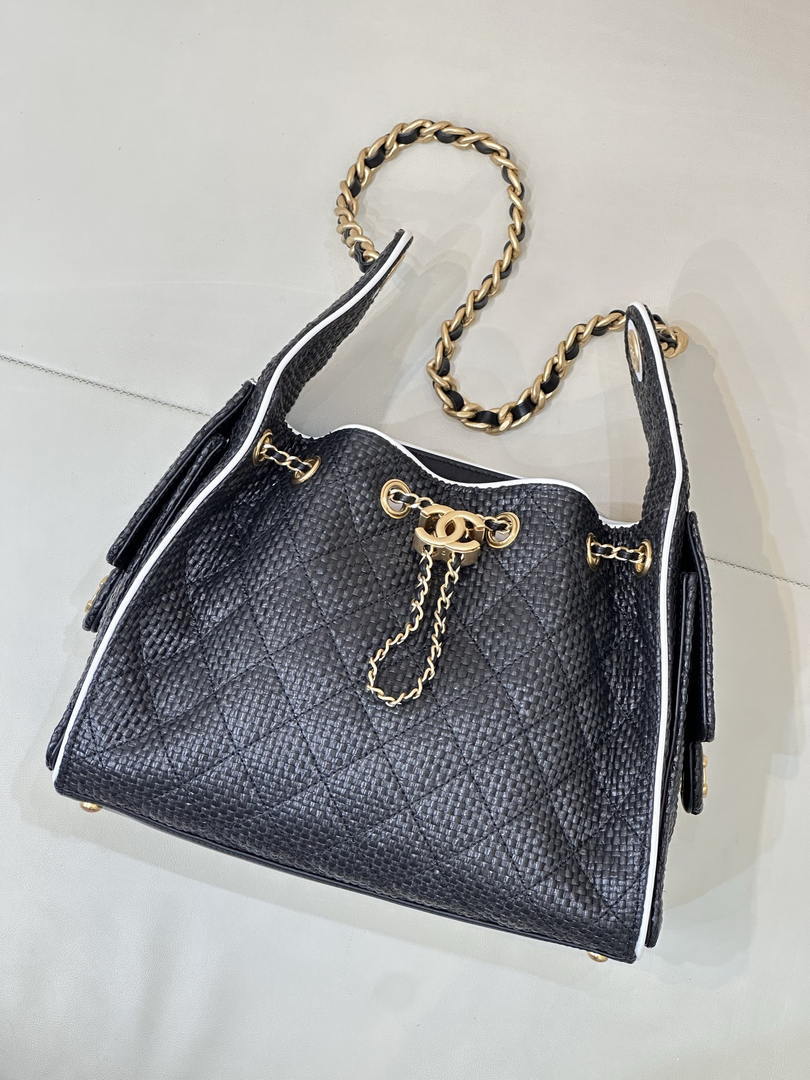 Chanel AS5293 Small Hobo Bag Braided Raffia Calfskin & Gold-Tone Black
