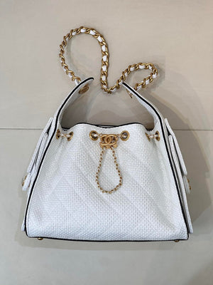Chanel AS5293 Small Hobo Bag Braided Raffia Calfskin & Gold-Tone White - Default Title - View 1