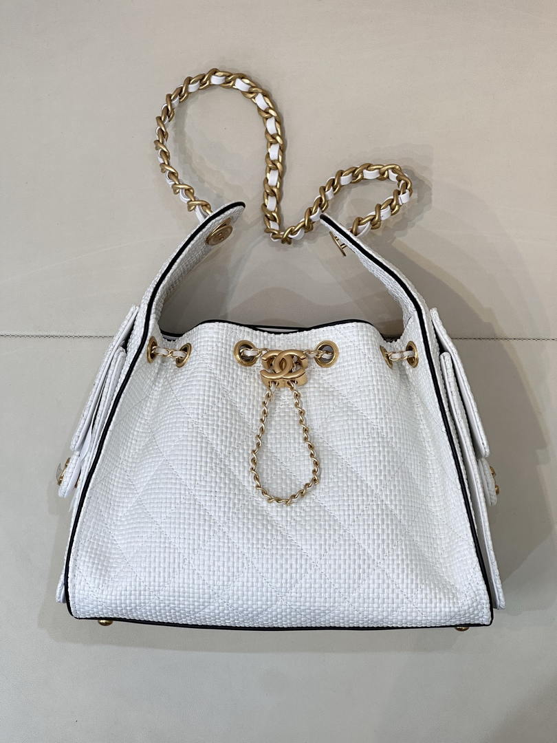 Chanel AS5293 Small Hobo Bag Braided Raffia Calfskin & Gold-Tone White