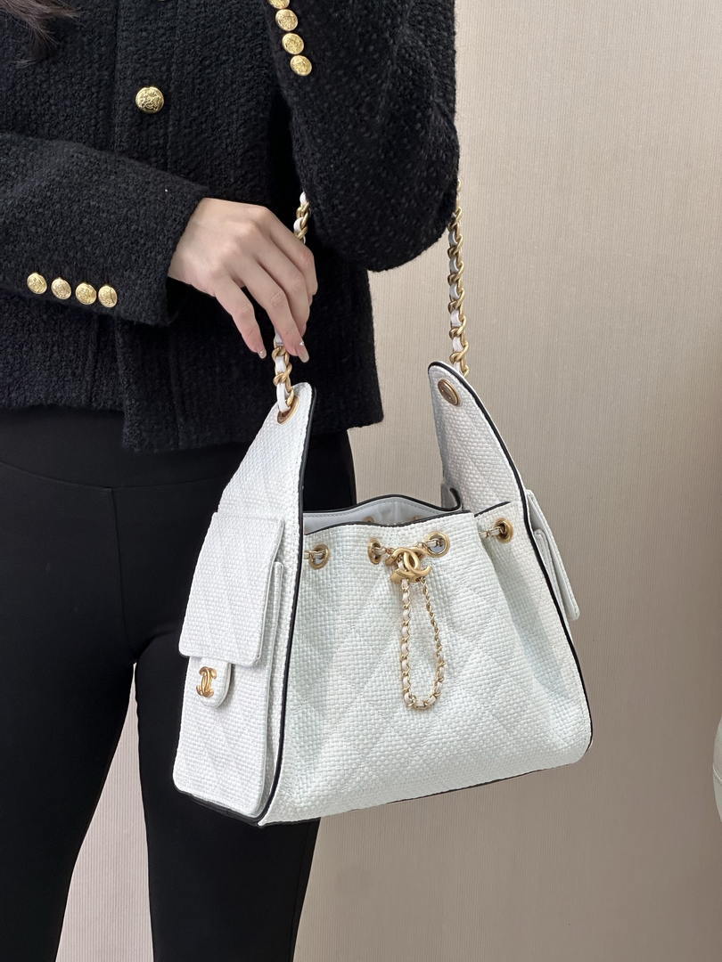 Chanel AS5293 Small Hobo Bag Braided Raffia Calfskin & Gold-Tone White