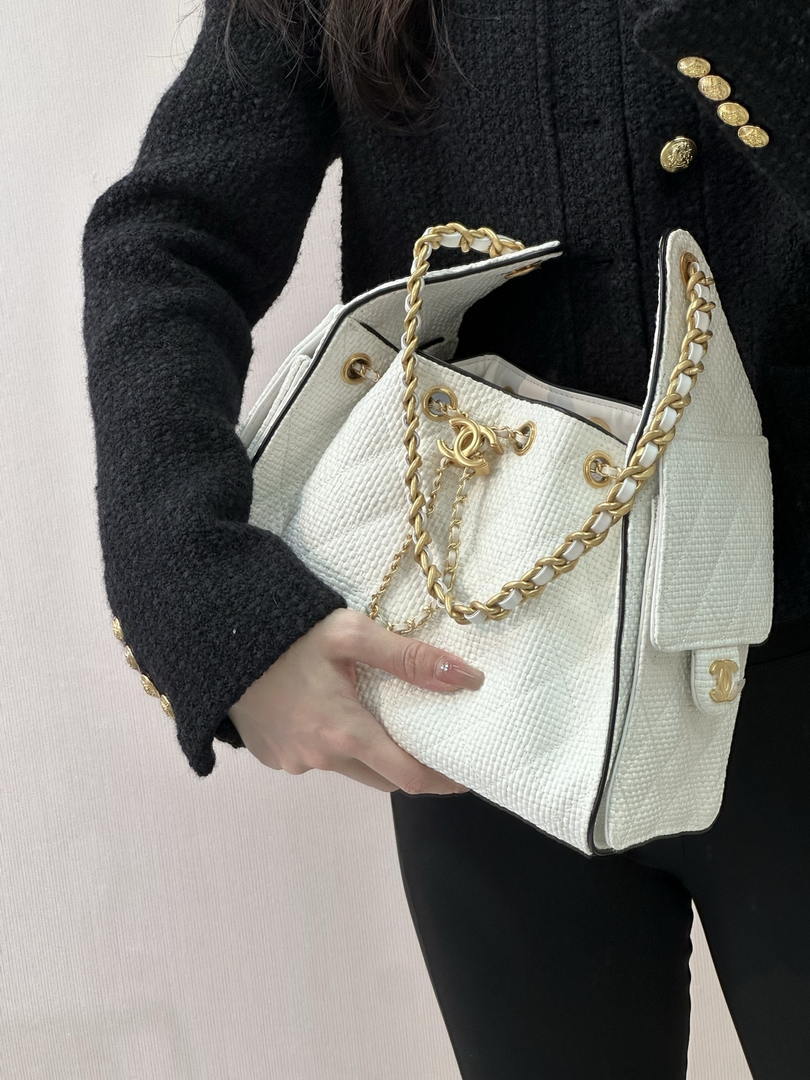 Chanel AS5293 Small Hobo Bag Braided Raffia Calfskin & Gold-Tone White