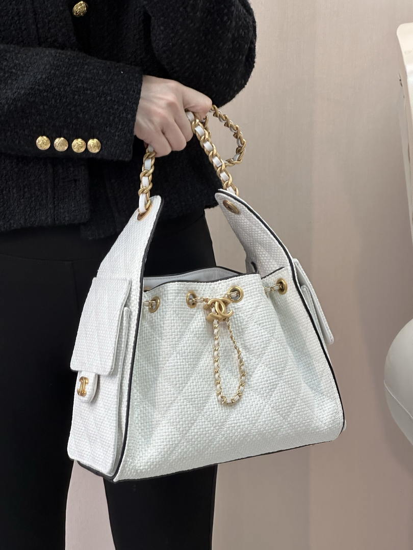 Chanel AS5293 Small Hobo Bag Braided Raffia Calfskin & Gold-Tone White