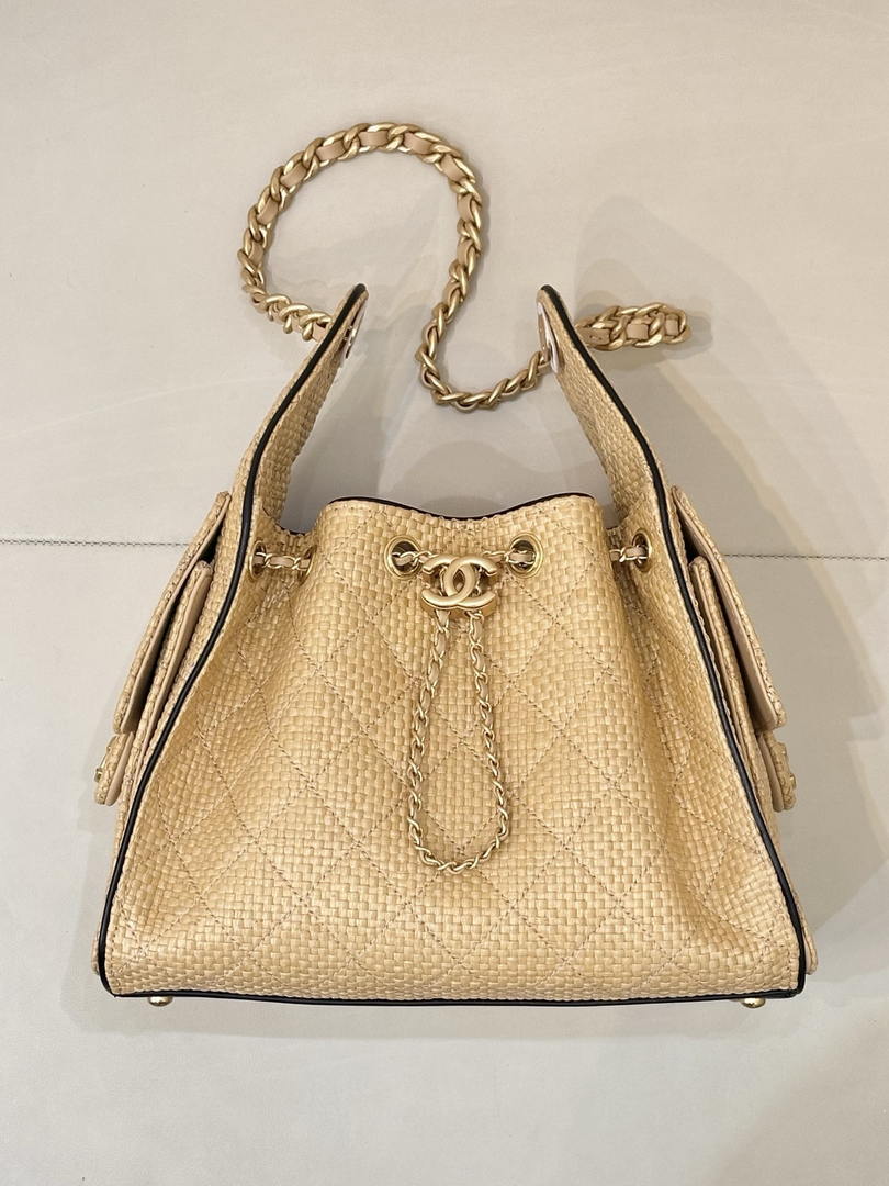 Chanel AS5293 Small Hobo Bag Braided Raffia Calfskin & Gold-Tone Beige & Black