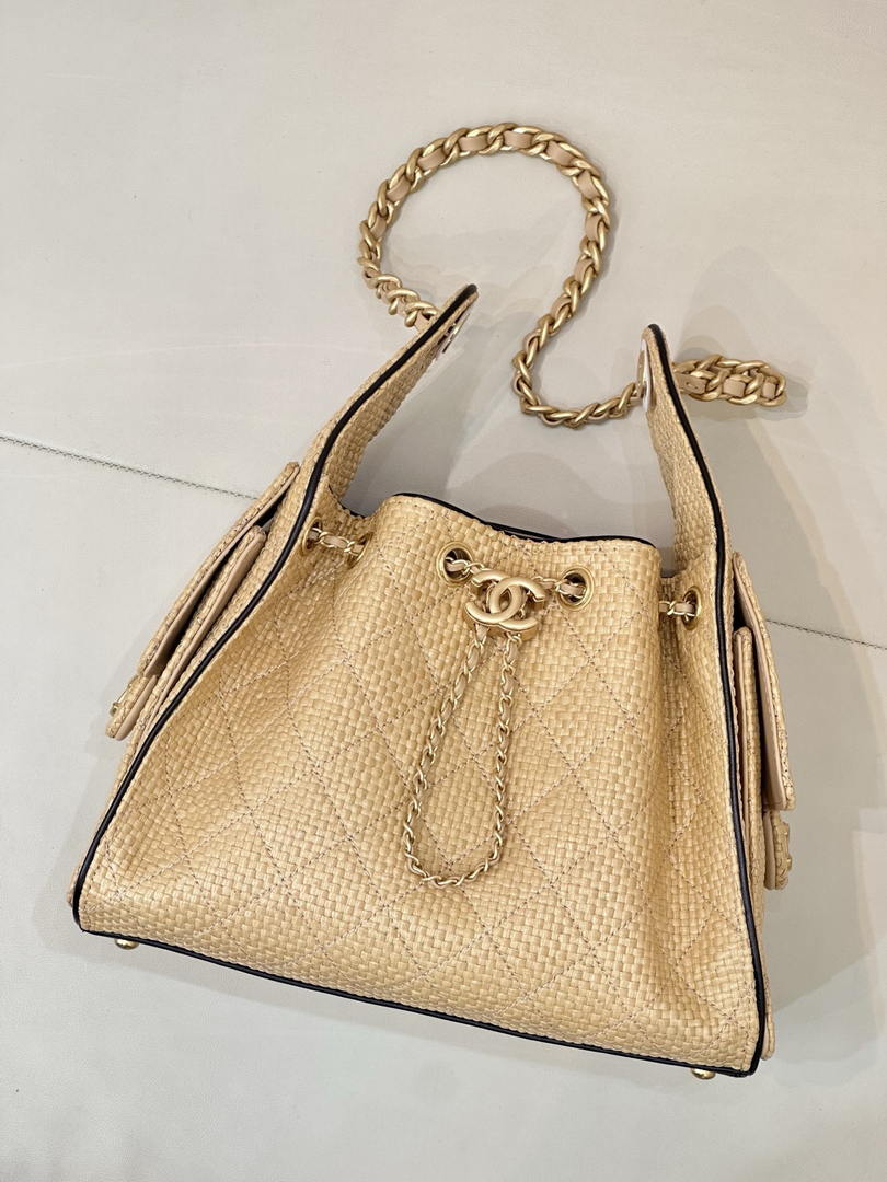 Chanel AS5293 Small Hobo Bag Braided Raffia Calfskin & Gold-Tone Beige & Black