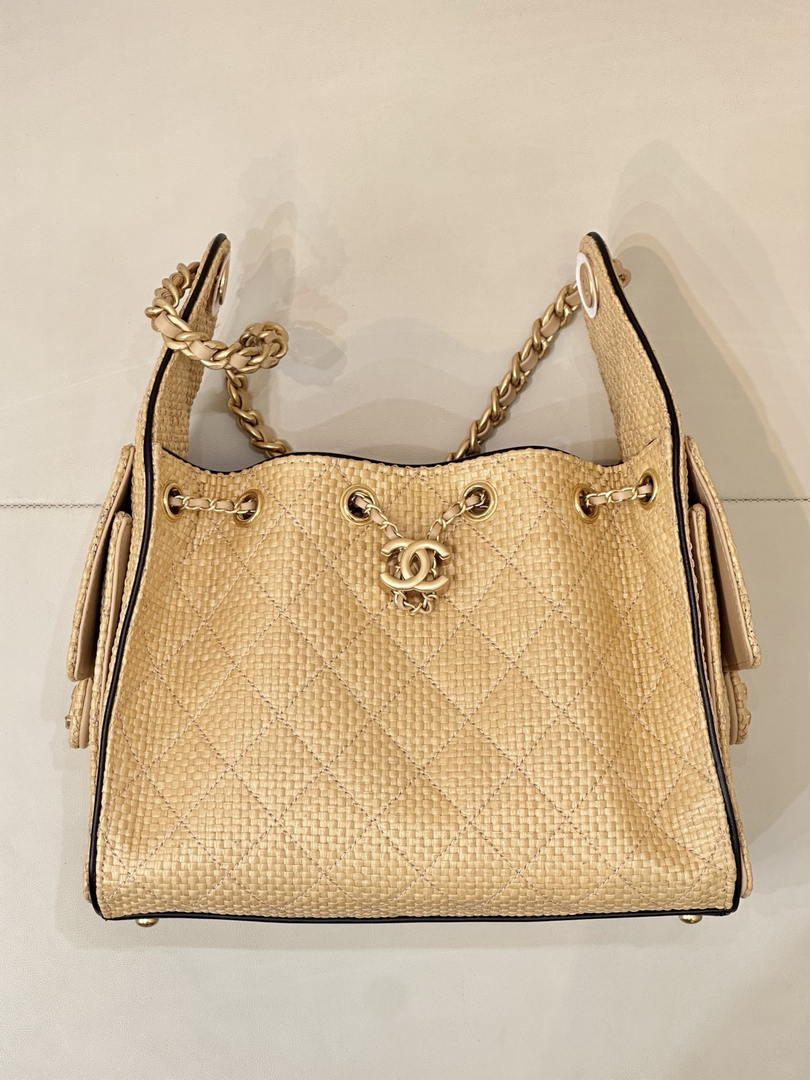 Chanel AS5293 Small Hobo Bag Braided Raffia Calfskin & Gold-Tone Beige & Black