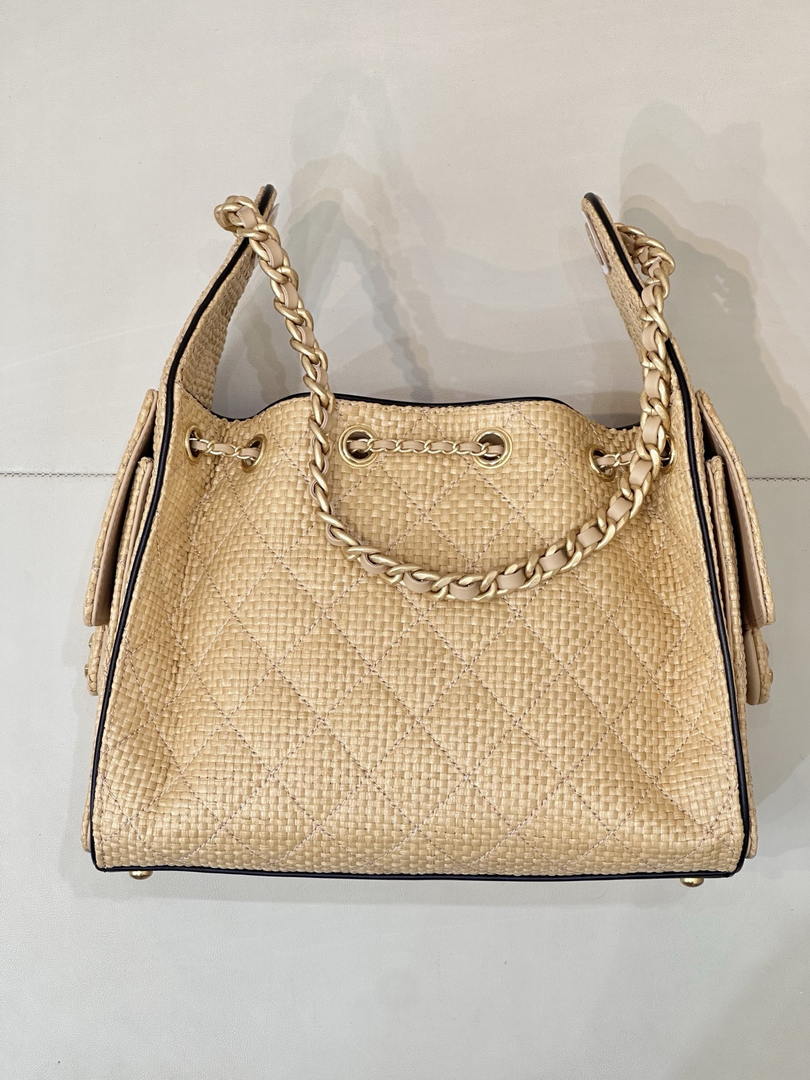 Chanel AS5293 Small Hobo Bag Braided Raffia Calfskin & Gold-Tone Beige & Black