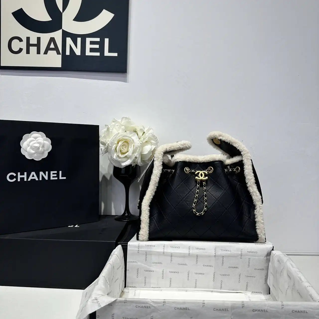 Chanel AS5293 Small Hobo Calfskin & Gold-Tone Metal Black &Wool