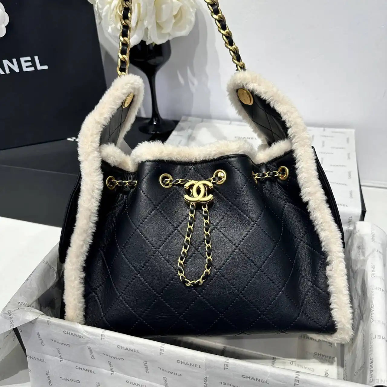 Chanel AS5293 Small Hobo Calfskin & Gold-Tone Metal Black &Wool