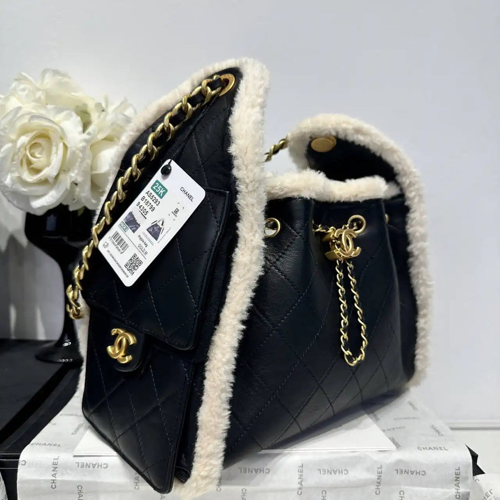 Chanel AS5293 Small Hobo Calfskin & Gold-Tone Metal Black &Wool