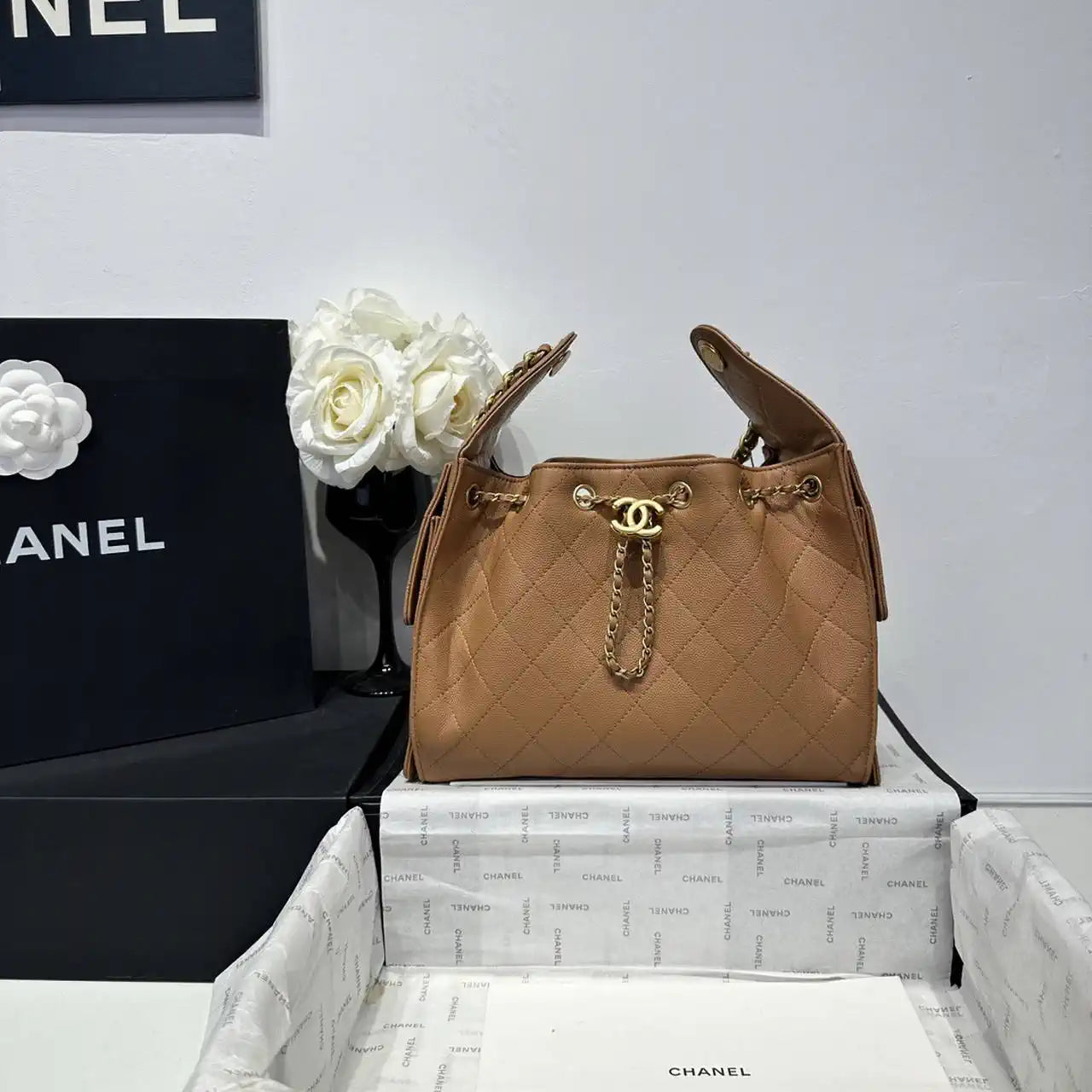 Chanel AS5293 Small Hobo Calfskin & Gold-Tone Metal Brown