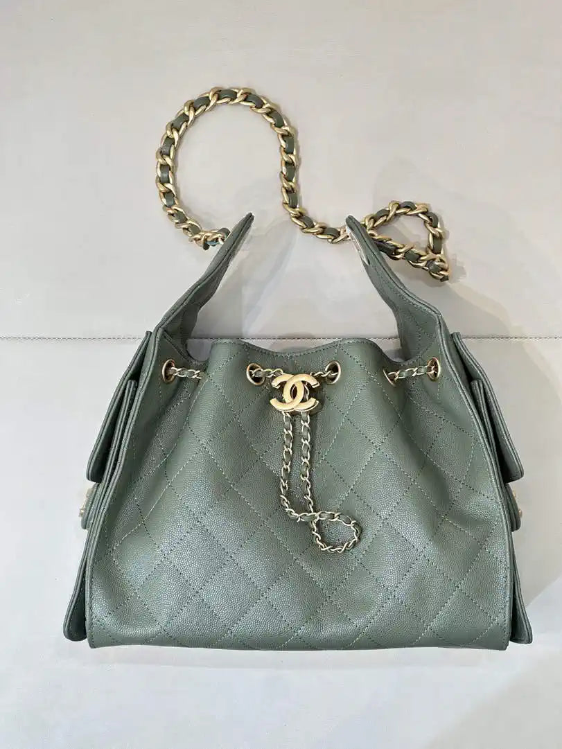 Chanel AS5293 Small Hobo Calfskin & Gold-Tone Metal Dark Green
