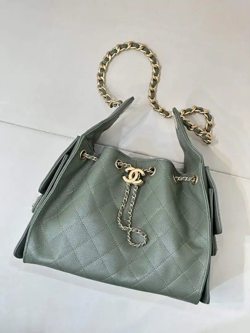 Chanel AS5293 Small Hobo Calfskin & Gold-Tone Metal Dark Green