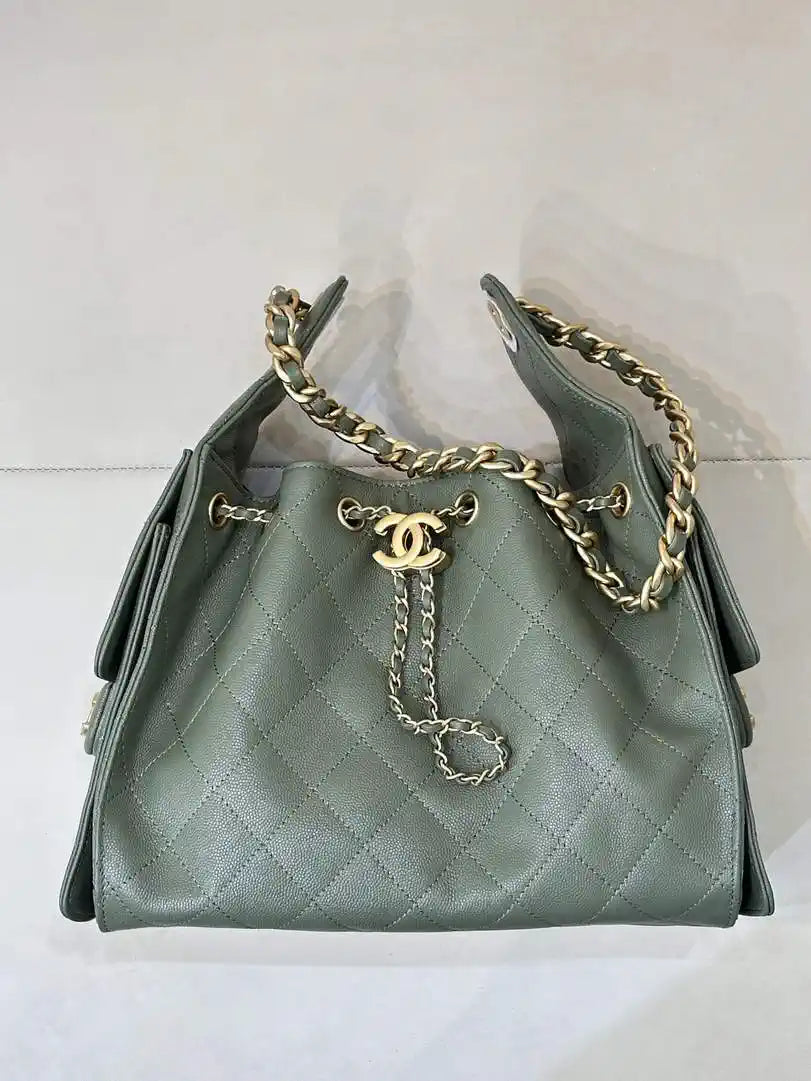 Chanel AS5293 Small Hobo Calfskin & Gold-Tone Metal Dark Green