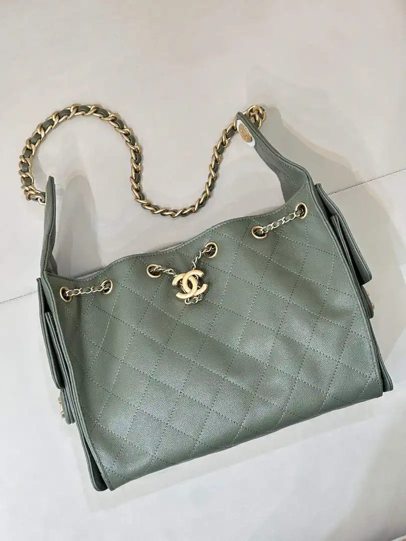 Chanel AS5293 Small Hobo Calfskin & Gold-Tone Metal Dark Green