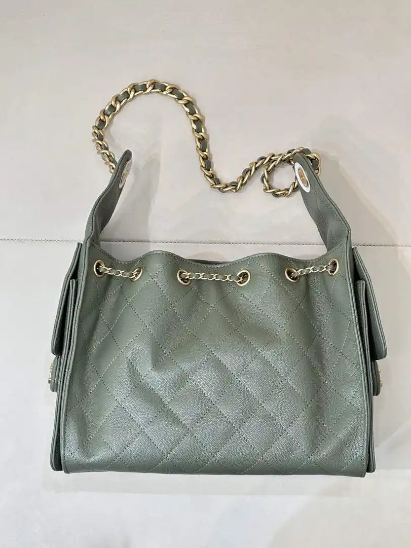 Chanel AS5293 Small Hobo Calfskin & Gold-Tone Metal Dark Green