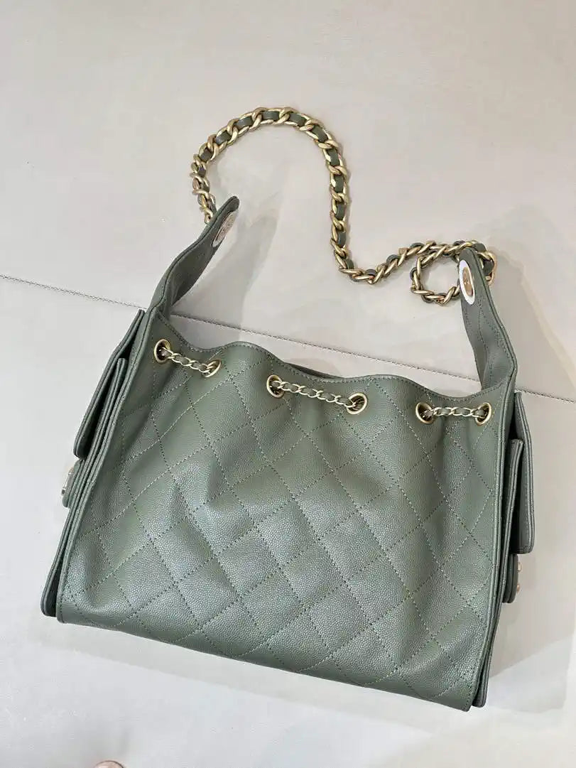 Chanel AS5293 Small Hobo Calfskin & Gold-Tone Metal Dark Green