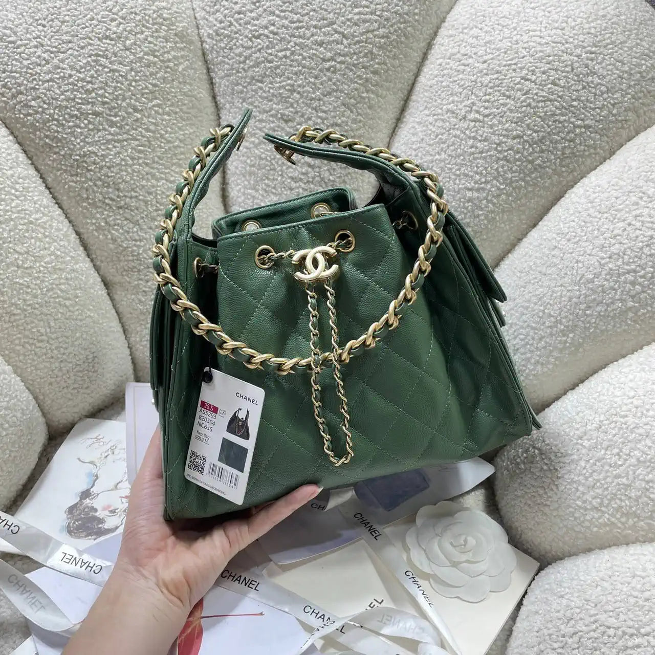 Chanel AS5293 Small Hobo Calfskin & Gold-Tone Metal Deep Green