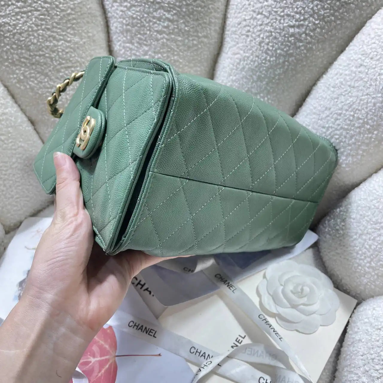 Chanel AS5293 Small Hobo Calfskin & Gold-Tone Metal Deep Green