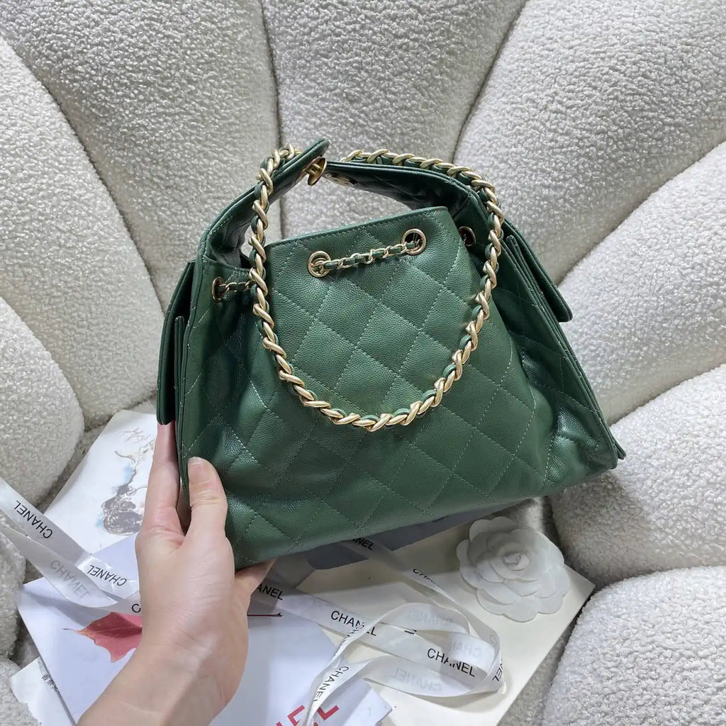 Chanel AS5293 Small Hobo Calfskin & Gold-Tone Metal Deep Green
