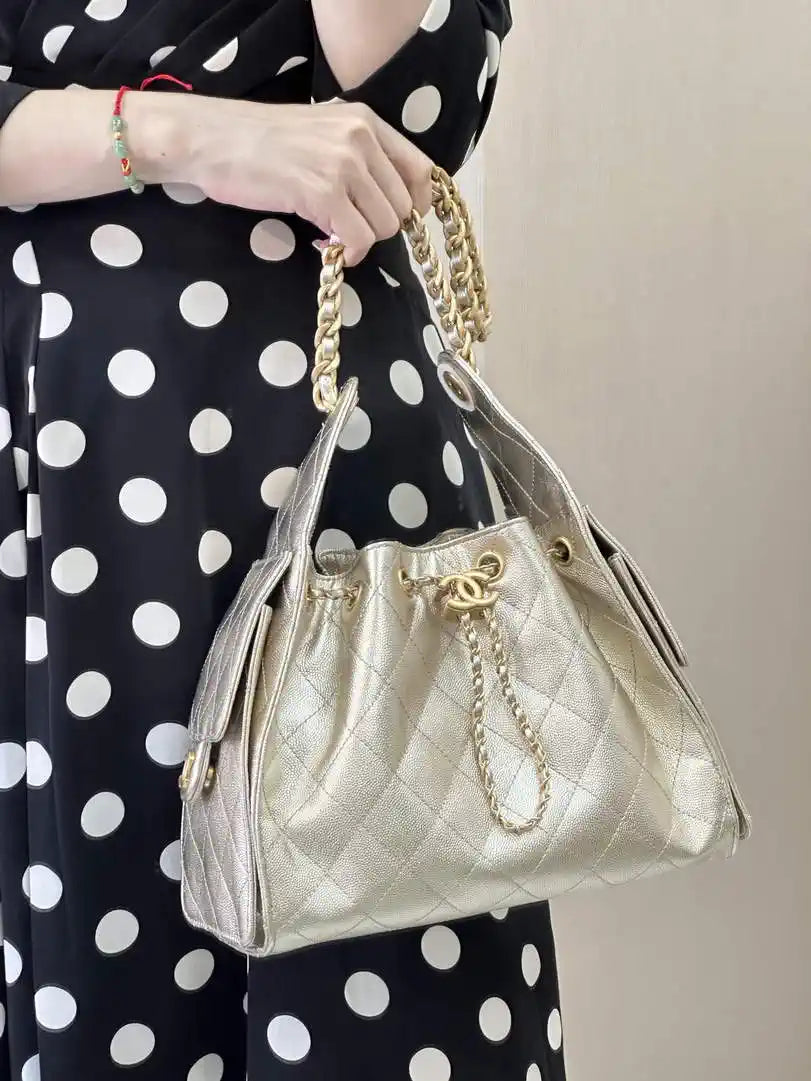 Chanel AS5293 Small Hobo Calfskin & Gold-Tone Metal Light Gold