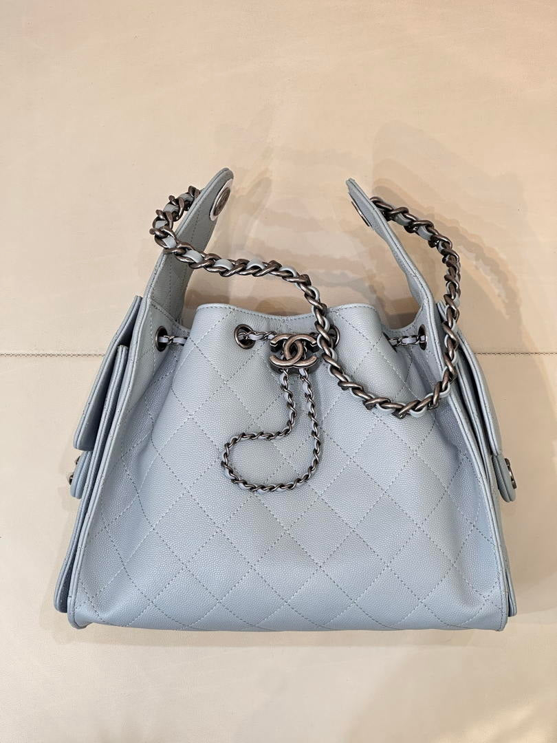 Chanel AS5293 Small Hobo Calfskin & Gold-Tone Metal Light Gray