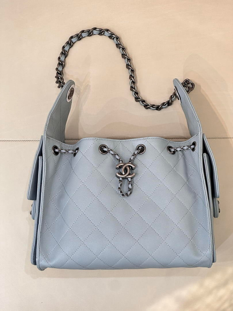 Chanel AS5293 Small Hobo Calfskin & Gold-Tone Metal Light Gray